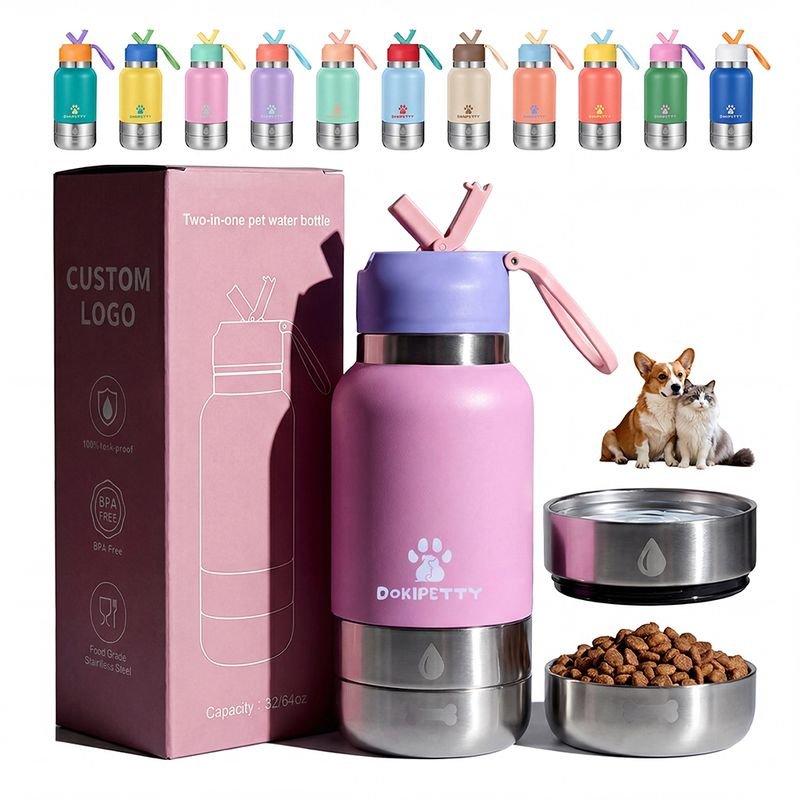32oz Functional Stainless Steel Dog Water Bottle with Detachable Water and Food Bowls, Portable Pet Feeder for 3