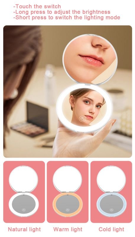 Portable Mini Makeup Mirror With LED USB Rechargeable Foldable Double Sided Cosmetic Pocket Mirror Round HD for 3