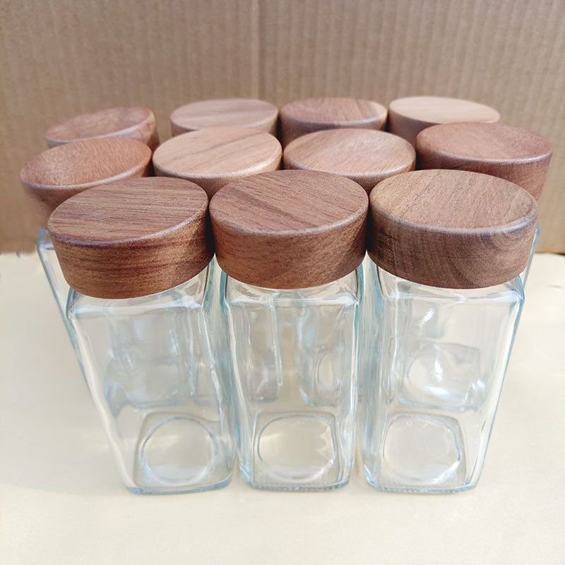 Set of 120ml Rustic Square-shaped Bamboo Wood and Glass Seasoning Jars Includes Pepper Bottle and Food Storage & 3