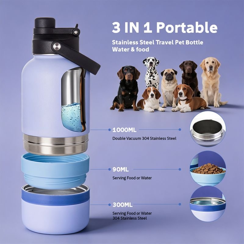 3 in 1 Portable Dog Water Bottle Dog Bowls Stainless Steel Insulated Outdoor Travel Food and Drinking Feeder alternate view