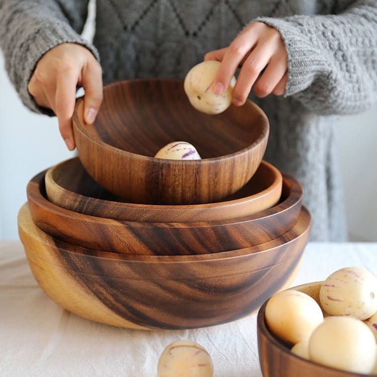 Japanese Acacia Wooden Bowl Thickened Wooden Box Household Large Soup Box Hotel Noodles Box Wholesale