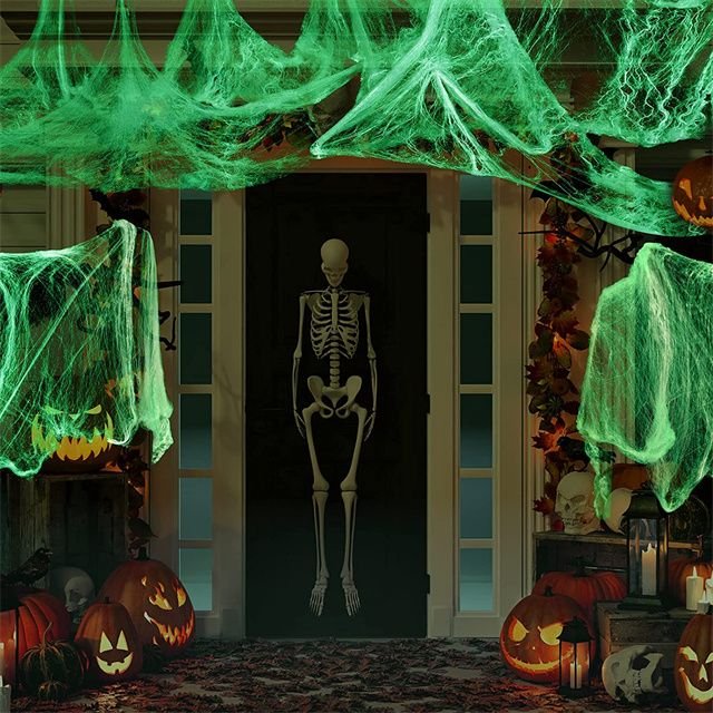 Glow in the Dark Spider Web Elastic Fluorescence Spider Web with Spider Set for Halloween Home and Party Decoration 3