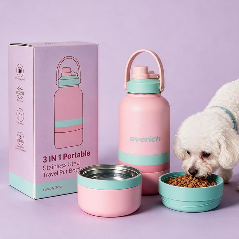 3 in 1 Portable Dog Water Bottle Dog Bowls Stainless Steel Insulated Outdoor Travel Food and Drinking Feeder