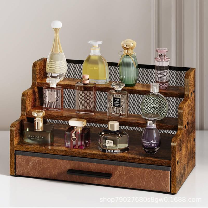Wooden Three-layer Moisture-proof Perfume Display Stand Home Cologne Skin Care Storage Rack with Watch and Glasses