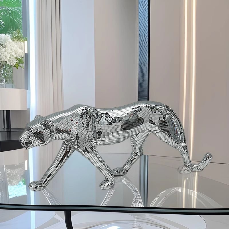 Handmade Glass Modern Luxury Mirror Leopard Statue Floor Decor Home TV Cabinet Study Entryway Wine Cabinet Office