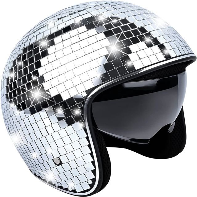 Disco Ball Helmet with Retractable Visor- Disco Helmet Glitter Mirror Glass Disco Ball Hat for DJ Club Bar Party
