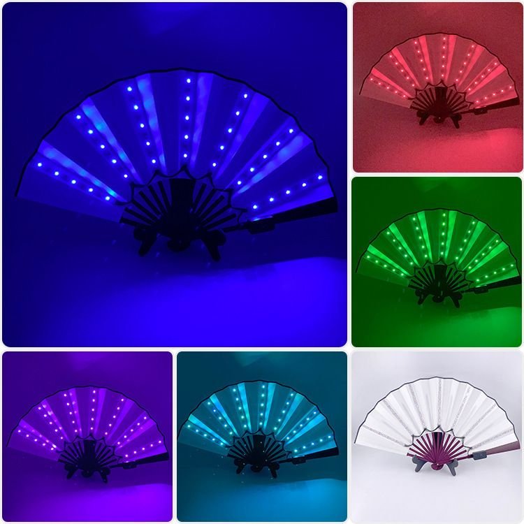 Led Folding Clack Hand Fan Custom Logo Led Hand Fan Folding Light up Bamboo Decorative Rave Flash Fan for Party alternate view
