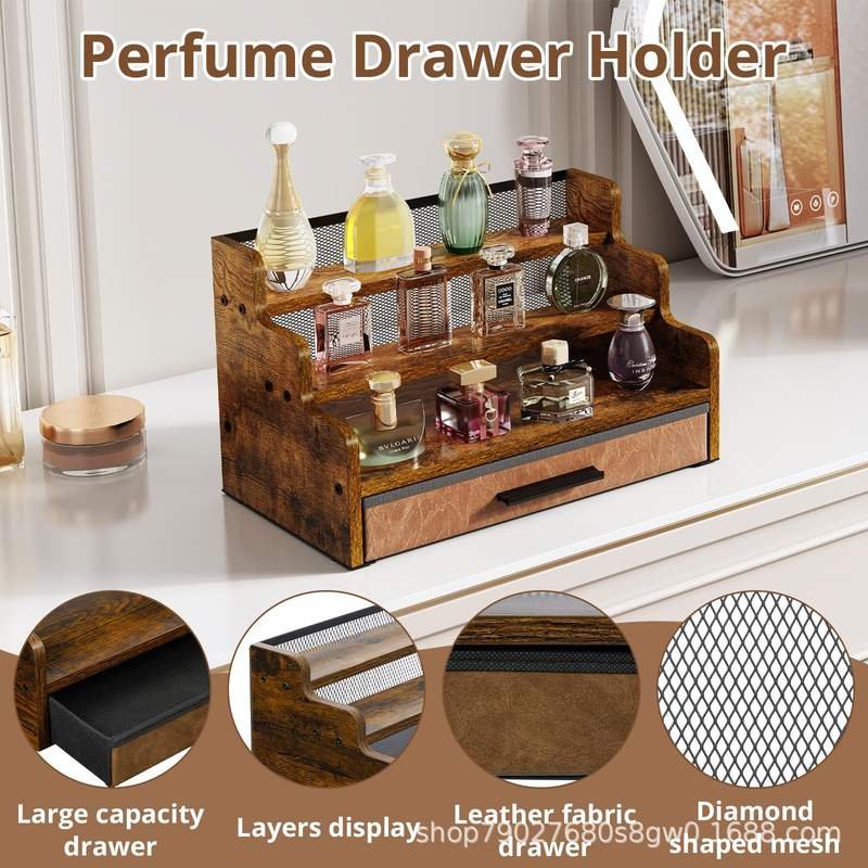 Wooden Three-layer Moisture-proof Perfume Display Stand Home Cologne Skin Care Storage Rack with Watch and Glasses 3