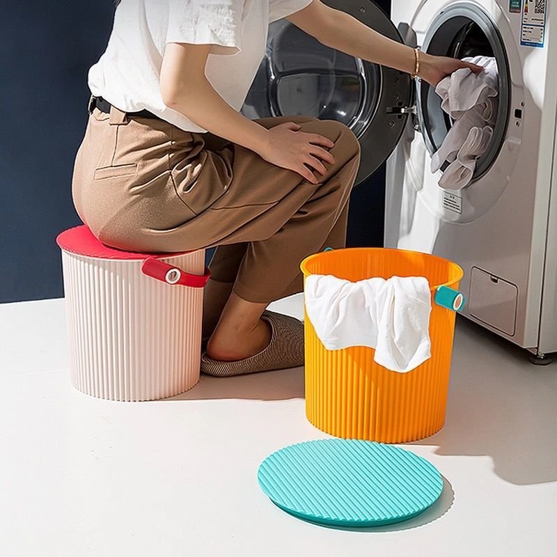 Portable PP Material Storage Bucket with Lid Light Color Bathing Stool Thickened Plastic for Bathroom Laundry alternate view