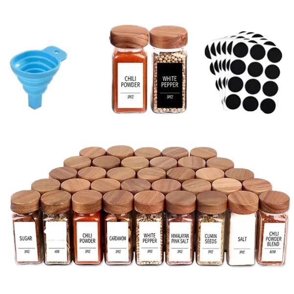 Set of 120ml Rustic Square-shaped Bamboo Wood and Glass Seasoning Jars Includes Pepper Bottle and Food Storage &